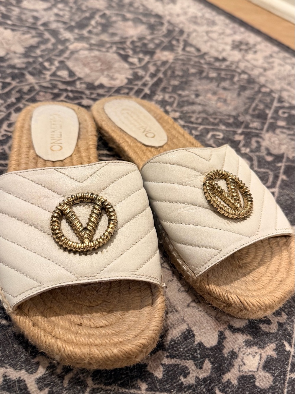 Valentino Cream Quilted Slide Mules with Rope Sole and Gold Logo - Picture 2 of 5